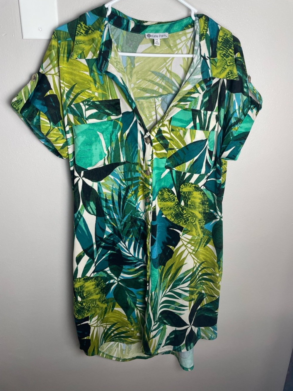 Green Tropical Print Women’s Swim Cover-Up/ Shirt Dress